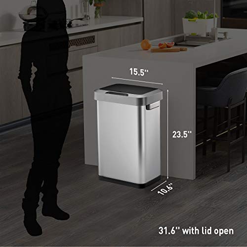 Image of EKO EK9262MT-45L Horizon 45 Liter /11.9 Gallon Rectangular Motion Sensor Trash Can or Recycling Bin, Brushed Stainless Steel Finish