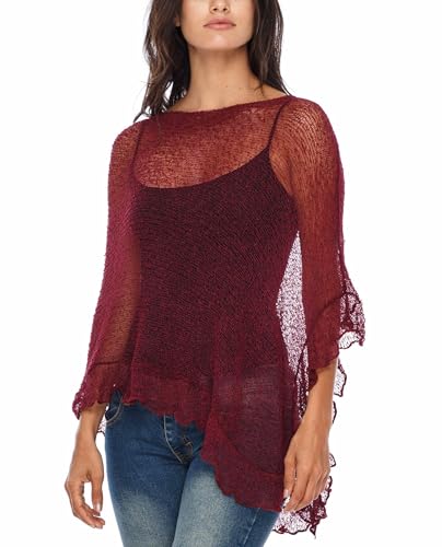 Image of SHU-SHI Women's Sheer Knit Poncho Shrug Lightweight Asymmetrical Ruffle Wrap Dressy Summer Shawl Cover Up Top