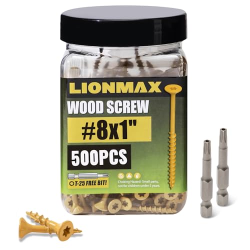 Image of LIONMAX Wood Screws 1 Inch, Deck Screws #8 x 1, 500 PCS, Rust Resistant, Epoxy Coated, Exterior Wood Screw, Outdoor Decking Screws, Torx /Star Drive Head, T25 Star Bit Included, Tan