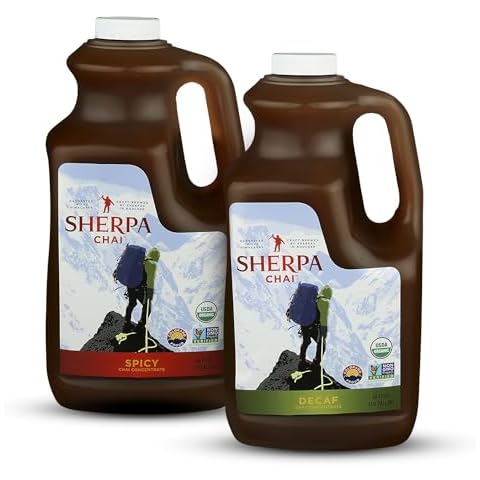 Sherpa Chai Decaf & Spicy Chai Tea Concentrates - Handcrafted Black Tea with Traditional Non-GMO Ingredients - Authentic Nepali Chai Recipes Brewed by Sherpas - Decaf & Spicy Varieties Cover
