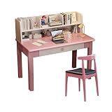 Esspoxi Schreibtisch Massivholz mit Polsterstuhl Set, Home Office Computertisch mit Regal & Schubladen, Kompakter Arbeitstisch Sekretär für Schlafzimmer & Arbeitszimmer(Pink,35.4in)