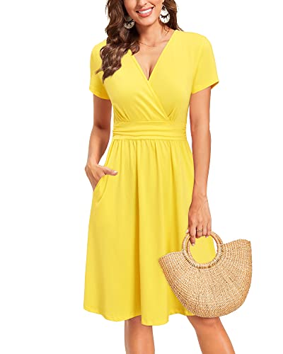 Newshows Womens Summer Short Sleeve Casual Dresses V Neck Floral Vacation Sundress Faux Wrap Midi Dress with Pockets3