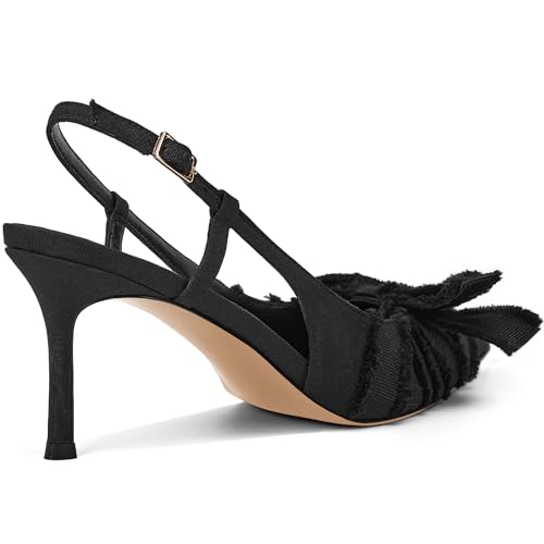 Image of Women's Slingback Heels with Bow Pointed Toe Pumps with Elasticated Strap 3.3 inch High Heels for Evening Dress Shoes