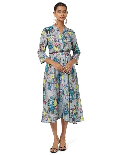 Image of BIBA Women Fit and Flare Below the Knee Rayon Flared Printed Dress