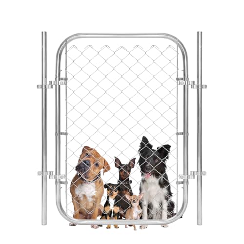 Adjustable Chain Link Fence Gate with Posts 32 W x 46 H Galvanized Metal Outdoor Fence Gate Kit Heavy Duty Chain Link Gate for Backyard Yard Garden & Farm