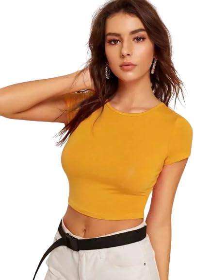 Image of Womens Round Neck Casual Solid Crop Top