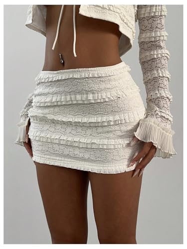 Milumia Women's Lace Trim Knit Micro Mini Skirt Ruffle Layered Pleated Tiered Y2K Festival Rave Skirts2