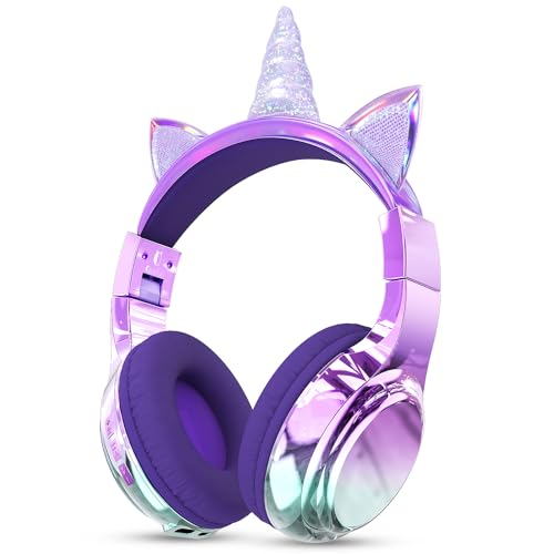 QearFun Kids Unicorn Bluetooth Headphones 60H Playtime 74/85/94dB Safe Volume Limit Metallic Gradient Wireless Headset with Mic Fast Charging Foldable Wired Mode for Girls School/Tablet/Travel