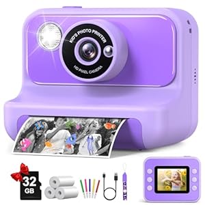 Kids Camera Instant Print, Christmas Birthday Gifts for Girls and Boys, 1080P HD Video Digital Kids Camera with 32G Card, Toddler Camera for 3-12 Years Old, Purple
