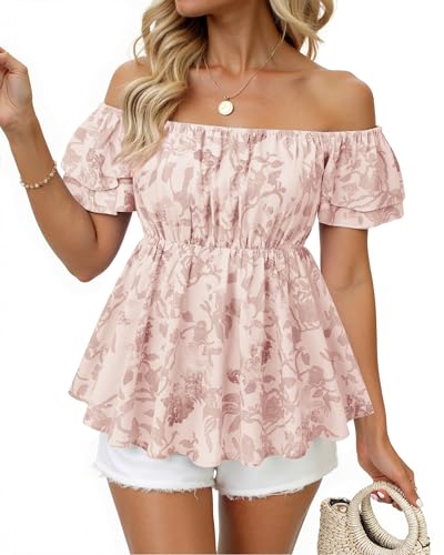 MCKOL Square Neck Top: Smocked Top - Babydoll Shirts for Women - Womens Peplum Tops and Blouses Concert Outfits for Women Cute Peplum Babydoll Shirts Apricot Flower X-Large