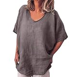 Lazzboy Frauen Beiläufige Sommer Feste Oansatz Kurze Hülsen Plus Oberseiten T-Shirt Bluse Damen Frühling Lässige Rundhals Kurzarm Lose Tunika Top Oberteil Hemdbluse Große(Grau,5XL)