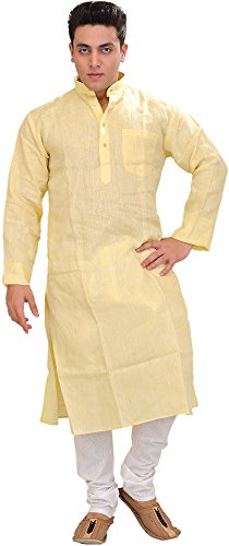 Ensemble de pyjama en pur lin jaune avec pantalon blanc taille 58 Exotic India