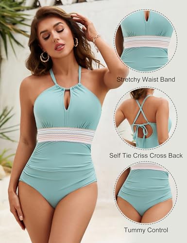 Blooming Jelly Womens One Piece Swimsuit Full Coverage Tummy Control Bathing Suits Color Block Halter Swim Suits4
