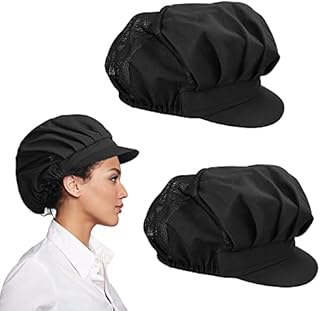 CAEEKER Chef Hat, 2 PCS Catering Hats Adjustable Cooking Cap Unisex Mob Cap Food Service Caps Breathable Baker Waiter Cap with Elastic Closure, Half Mesh for Men Women Kitchen Restaurant- Black