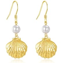 VONALA Seashell Pearl Dangle Earrings 925 Sterling Silver for Women Beach Drop Dangle Earrings Starfish Leverback Earrings Summer Jewelry Ocean Jewelry Gifts Birthday Christmas Mothers Day