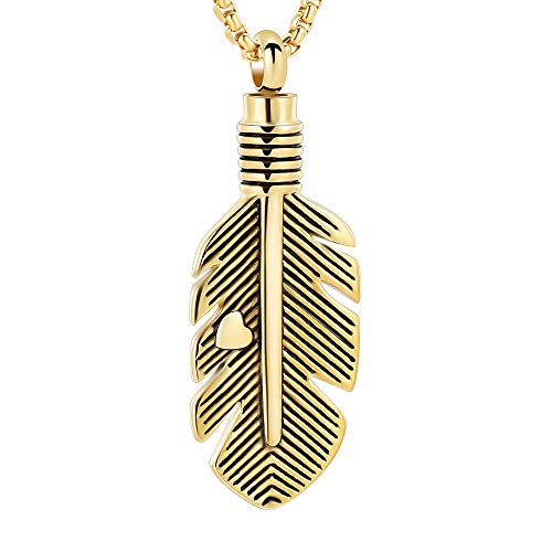 Oinsi Stainless Steel Feather Urn Necklace Hold Cremation Ashes Keepsake Memorial Jewelry +Box+Fill Kits (Heart Feather(gold))