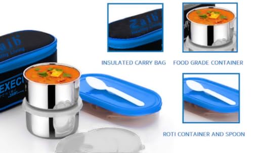 Image of Zaib Stainless Steel Lunch Box for Kids with Insulated Carry Bag | 3 Containers: 2x350ml + 1x400ml Rice Bowl | Durable, Leak-Proof & BPA-Free Tiffin Box for School, Travel & Picnics (Executive 2+1)