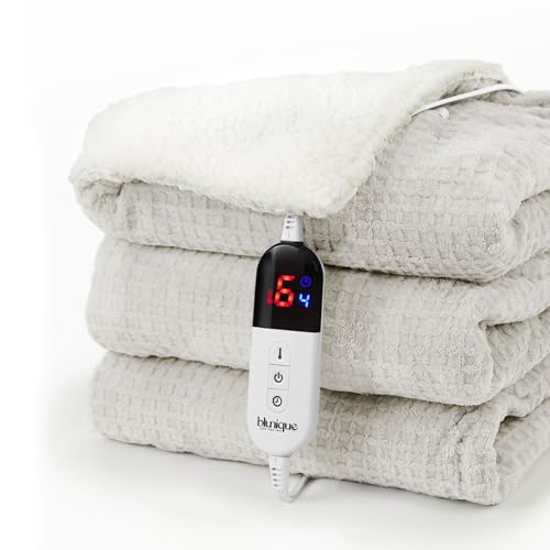 blunique Heated Blanket Electric Throw Waffle, 50x60 Inches Sherpa Fleece Fast Heating Blanket 6 Heating Levels & 4 Hours Auto Off ETL Certification,Beige Throw