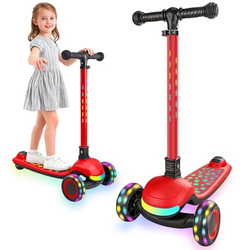 Ansee Patinete iluminado de 3 ruedas para niños pequeños con luces LED de sincronización, tallo intermitente y cubierta ancha de lunares, altura ajustable, función de música, seguro y resistente