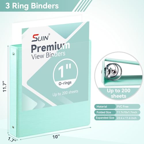 Image of SUIN 1 Inch 3 Ring Binder, Clear 1'' View Presentation Binders with 2 Pockets, Fits 8.5 x 11 Letter Size, Durable Polypropylene, Non-Stick & PVC-Free for School, Office & Home (Brushed Green)