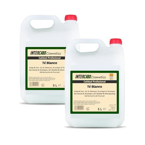 Pack 2 garrafas gel y champú 2 en 1 Té Blanco 5 litros - total 10 litros - fórmula pH neutro para piel y cabello - higiene diaria en hoteles, gimnasios, colegios y alojamientos - Intercabo Cosmetics
