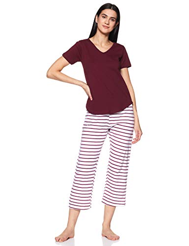 A.T.U.N. All Things Uber Nice Women’s Wine V-Neck Tee with Grape Awning Stripe Pyjamas Set Regular T-Shirt WSET TPJ WGA_L