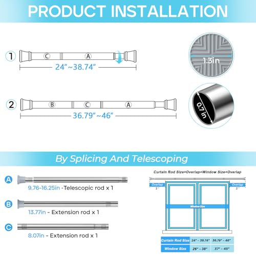 Image of Spring Tension Curtain Rod 24-46 inch, Adjustable Expandable Tension Curtain Rod No Drilling, Tension rods for Window Doorway Kitchen Curtain, Silver