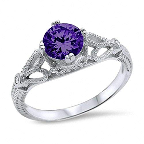 Blue Apple Co. Art Deco Vintage Design Wedding Engagement Solitaire Ring Round Cubic Zirconia 925 Sterling Silver Choose Color
