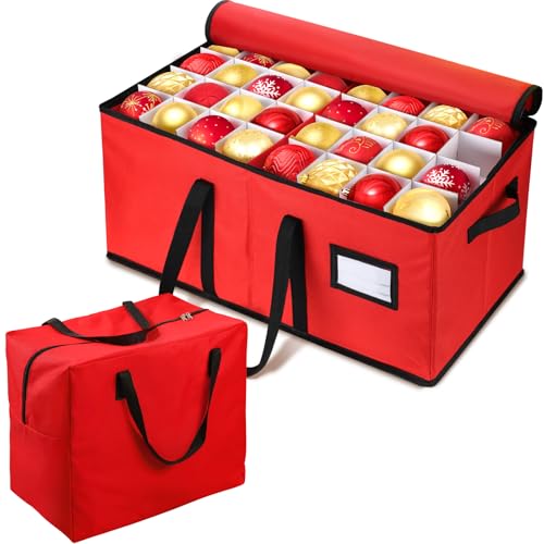 EIMMBD Christmas Ornament Storage Box and Bag, 3-Tray Organizer, Red,