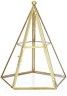 SUMNACON 2 Tiers Metal Clear Glass Jewelry Box Trinket Box, Gold Pentapyramid Jewelry Display Box with Lid, Decorative Trinket Organzier with Ring Display Holder