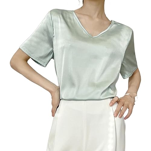 T-shirt en satin fluide contre la chaleur haut col v ample élégant anti-plis