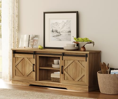 Image of WAMPAT Farmhouse Style TV Stand for 60-75 inch TV w /Distressed Wood Finish