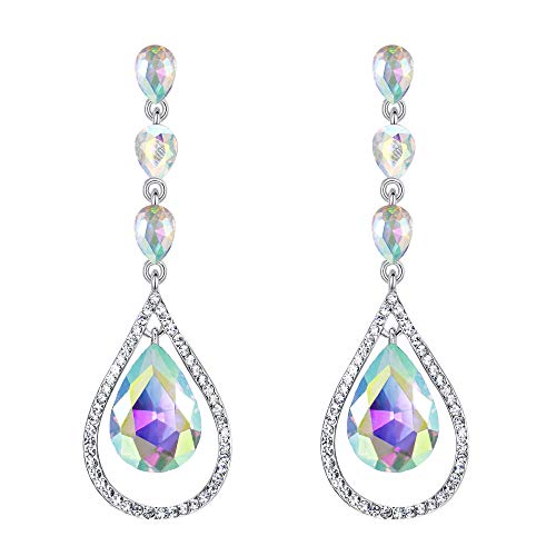 EVER FAITH Crystal Bridal Hollow-out Teardrop Pierced Dangle Earrings Iridescent Clear AB Silver-Tone
