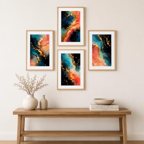 Image of Livin'luxe Set of 4 Abstract Marble Ink Wall Paintings with Sparkle Laminate and Premium Wooden Synthetic Frame for Living Room Bedroom Office Decor (13.5 x 19.5 Inch)