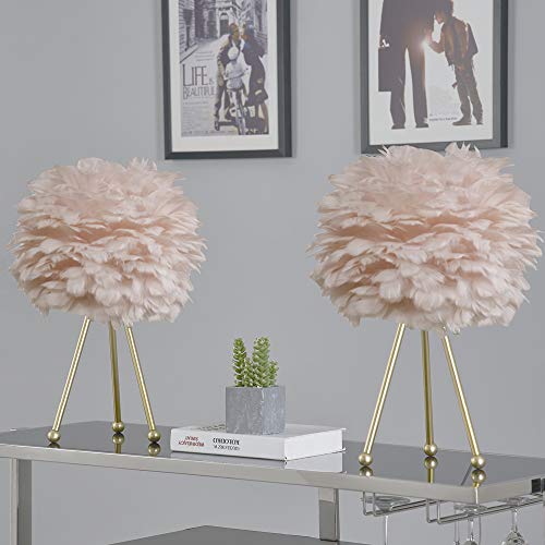 Maxax Table Lamps Set Of 2 Tripod Nightstand Lamp With Gold Finish, Feather Bedside Table Lamps For Bedrooms/Living Room/Dining Room/Kitchen, Pink #TOP6