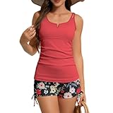 Zando Swim Suits for Women 2026 Two Piece Tankini Bathing Suit Tummy Control Swimsuits with Shorts Womens Tankini Top Round Neck Modest Swimwear Athletic Swimming Suits for Women Red Large