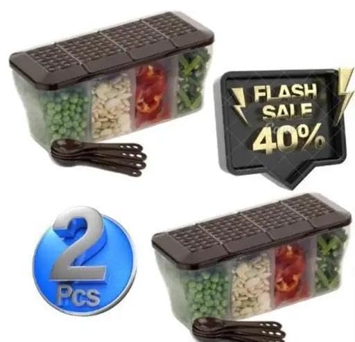 4 in 1 Multipurpose 4 Section Kitchen, Fridge Storage Airtight Container Set for Vegetables, Dryfruits, Spices, Groceries, and Pickles with 4 Spoons Storage Set 1800 ml- (Brown, Pack of 2)