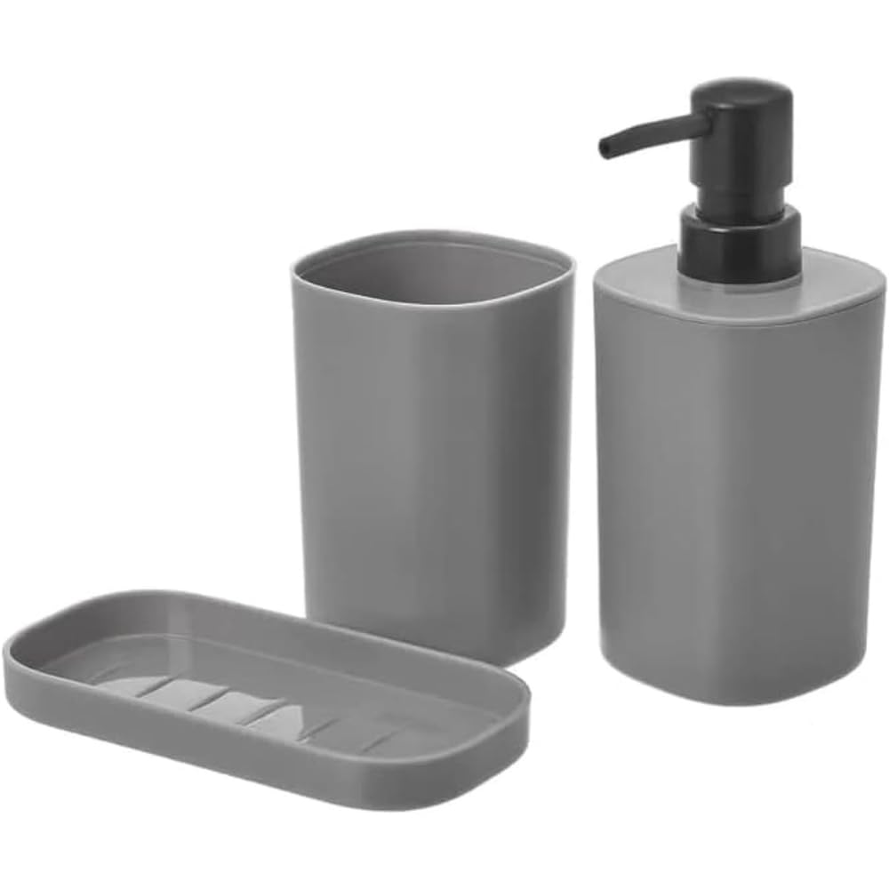 Envenzo Bathroom Set Accessories 3Pcs Soap dispenser Toothbrush Holder Cup Soap dish, Set of 3 Bathroom Accessories, Bathroom Decoration in PP, Modern and Practical Design (Grey)