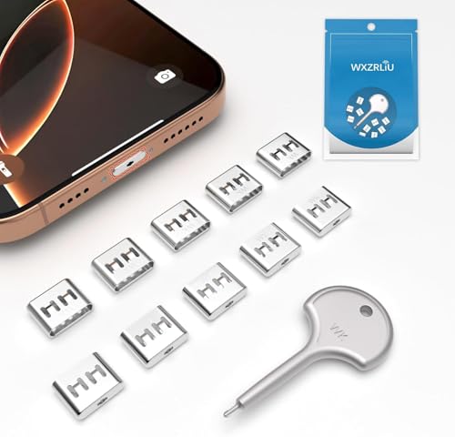 10Pcs Stainless Steel USB-C Port Lock with 1 Key, Type-C Female Plug Protector & Port Blocker - Compatible with iPhone 15/16, Samsung Galaxy S24/S23/S22/S21/S20, Note/A Series,Wireless Chargin