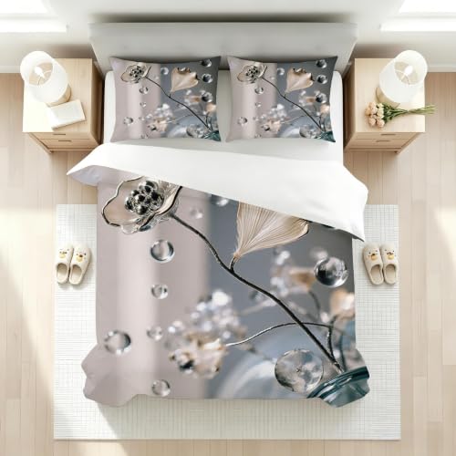 Parure de lit 160x200 fleur grise ensemble housse de couette microfibre AW6849