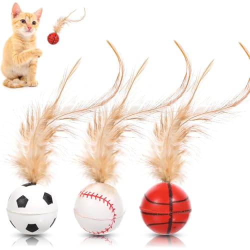 MVOLEGDE 3 Stück Superelastisch Katzenspielzeug Ball, Interaktive Katzenspielzeug Federn, Silikon Federspielzeug für Katzen, Kätzchen Spielen Sport...