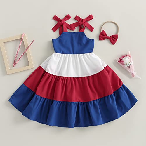 Kids Little Girls Suspenders Dress Tie-Up Straps Sleeveless Color Block Princess Dresses Beach Sundress Headband2