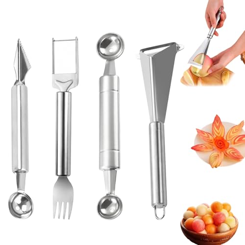 lrgnixs 4 Stück Fruit Carving Knife Obst Und Gemüse-Ausstecher Set Wassermelonen Schneider Edelstahl Obstwerkzeug Set Melonenschneider Und Parisienne Ausstecher Für Obst Gemüse Und Melone