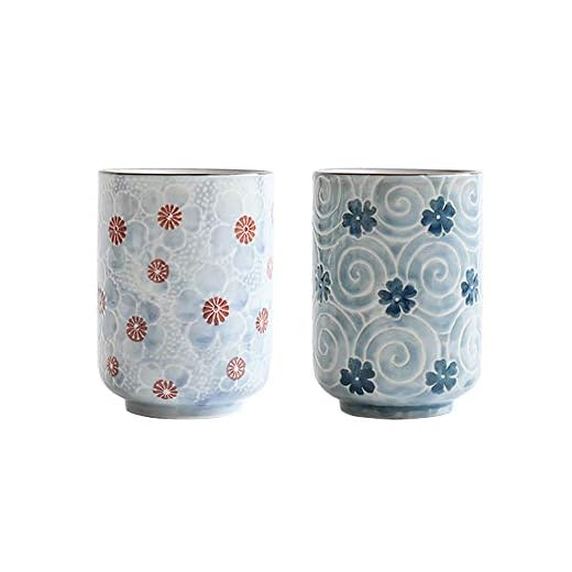 MengCat Tazas de te japonesas Taza taza de cerámica Flor tradicional japonesa bonito diseño Conjunto de 2 yunomi tazas de té 10 OZ