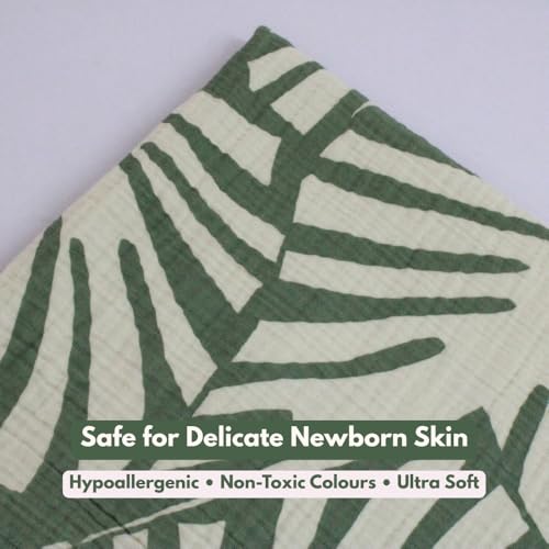 Image of BIGMOON 100% Muslin Baby Crinkled 4-Layer Bath Towel | Large 70 x 145 cm Soft & Breathable Towel for Newborn Baby | Green Leaf Printed Muslin Bath Towel, Baby Towel | 0-3 Years+, Pack of 1