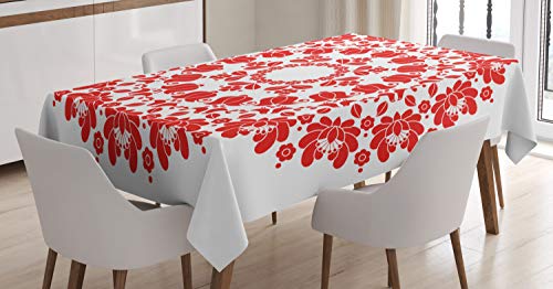 Ambesonne Red Mandala Tablecloth, Hungarian Round Folk Art Pattern Tulips Traditional Kalocsai Old Fashioned, Rectangular Table Cover for Dining Room Kitchen Decor, 60" X 90", Vermilion White
