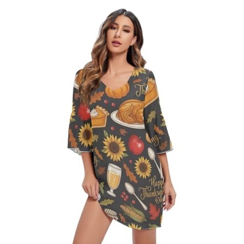 Robe d'été courte à manches 3/4 imprimé tournesols et citrouilles
