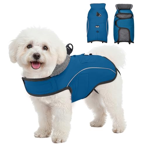 Eyein Warm Dog Winter Coat - Waterproof Dog Coat with D-Ring for Leash & Pockets, Reflective Adjustable Fleece Lined Winter Jacket for Small Medium Large Dogs(Dark Blue,S)