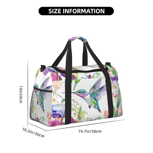 Duffle Bag Spring Hummingbird Iris Floral Travel Duffel Bags for Men Women with Adjustable Strap Carry on Gym Bag Overnight Weekender Bag3