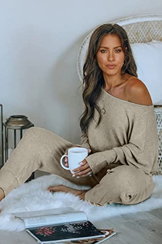Prettygarden Women's 2 Piece Ribbed Tracksuit Outfits Off Shoulder Long Sleeve Pullover Long Pants With Pockets (Grey,Large) #TOP2